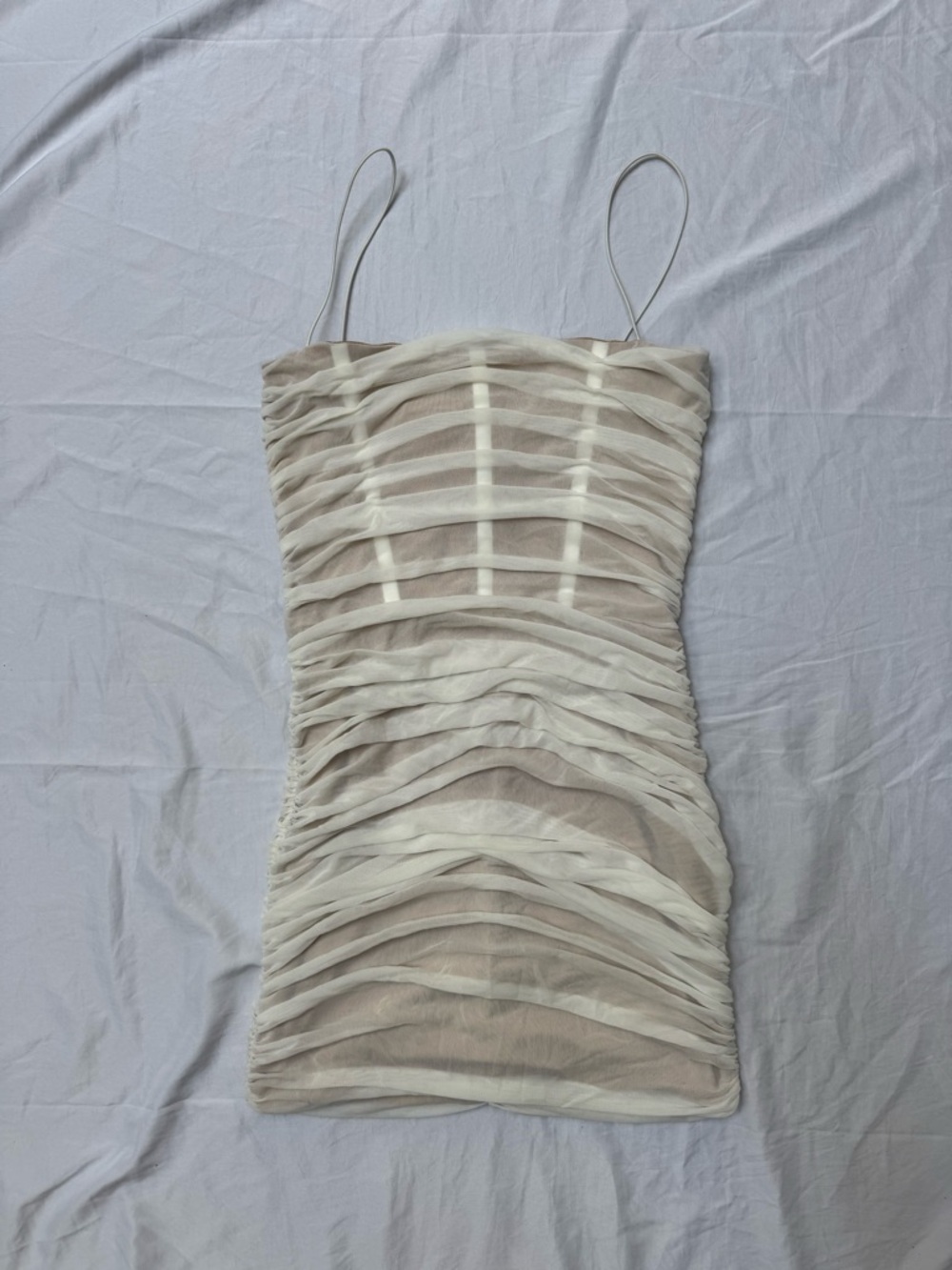 Ruched Sheer Mini Dress in Beige and Ivory